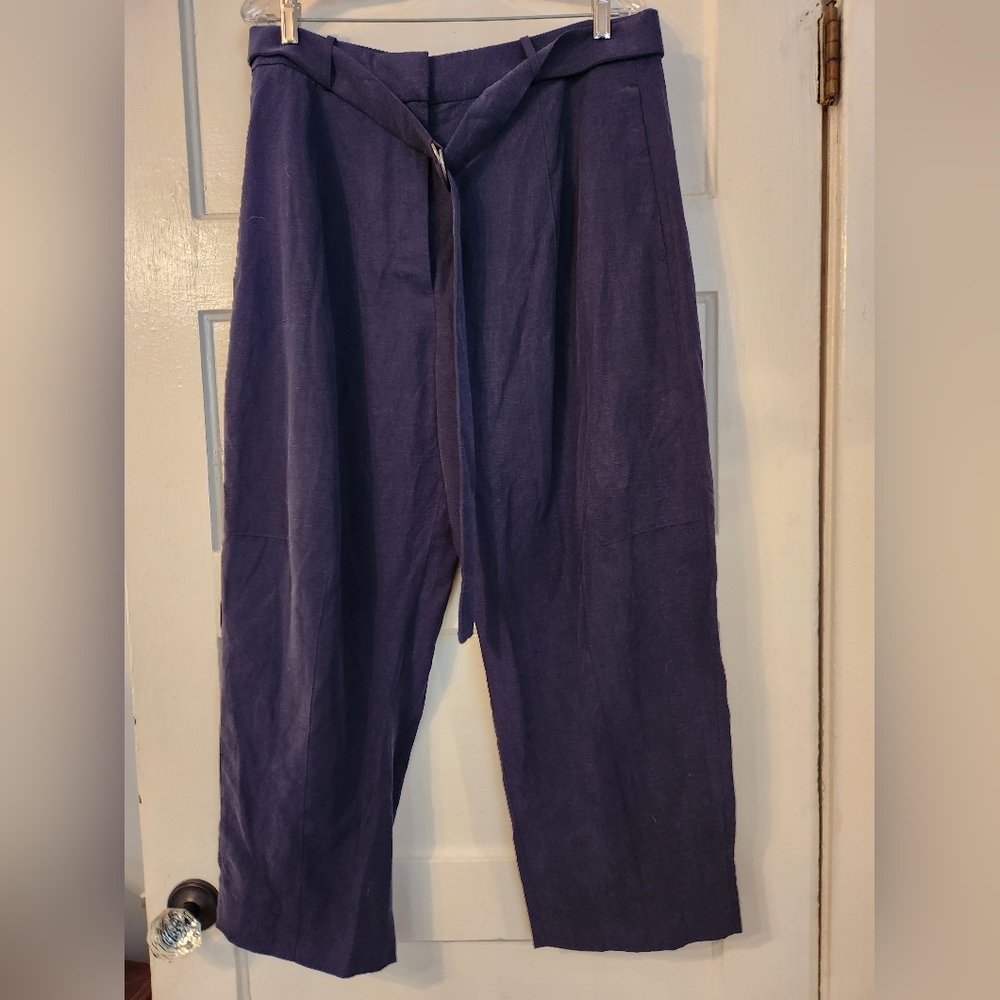 BANANA REPUBLIC Pants Linen-Blend, Wide-Leg, High Rise, Navy, Belted Size 14 NWT